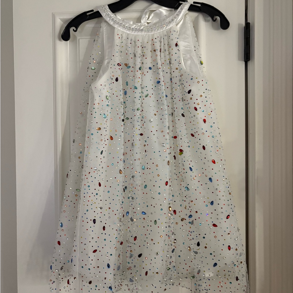 Lola + The Boys White Sequin Overlay Dress with Multicolor Gems